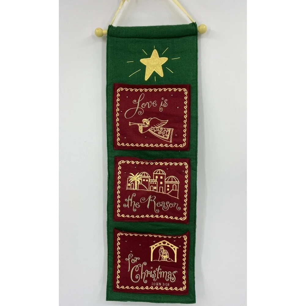 Christmas Wall Hanging Card Holder Decor Felt 3 Pockets Embroidered John 3:16